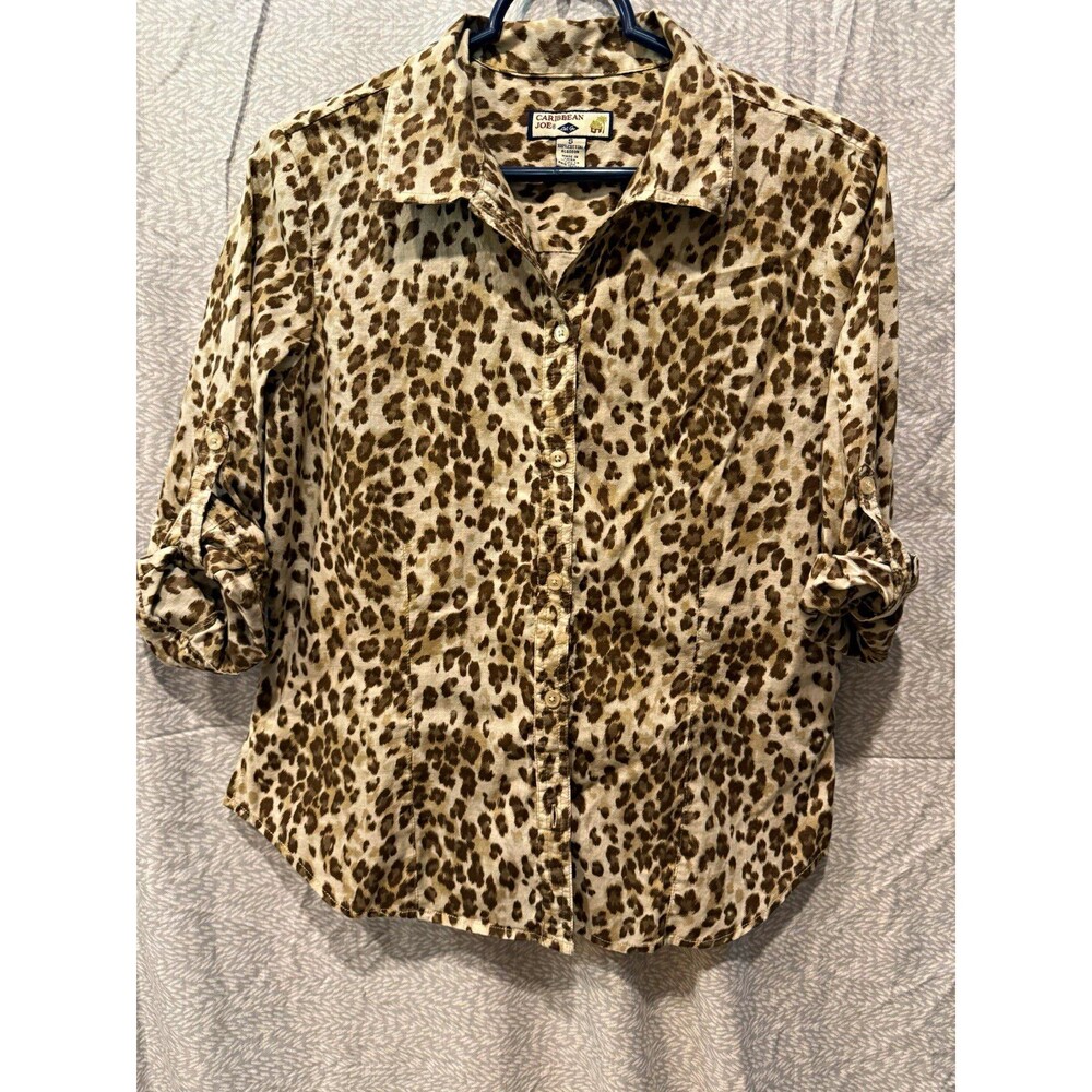 Caribbean Joe Women’s Leopard Animal Print Cotton Button-Front Roll Tab Shirt S